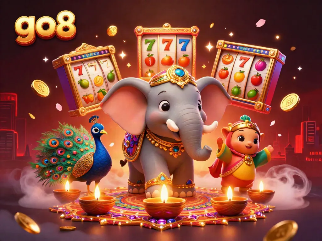 Experience vibrant go8 gaming with our lively 3D jackpot scene featuring elephant characters and colorful slot elements.