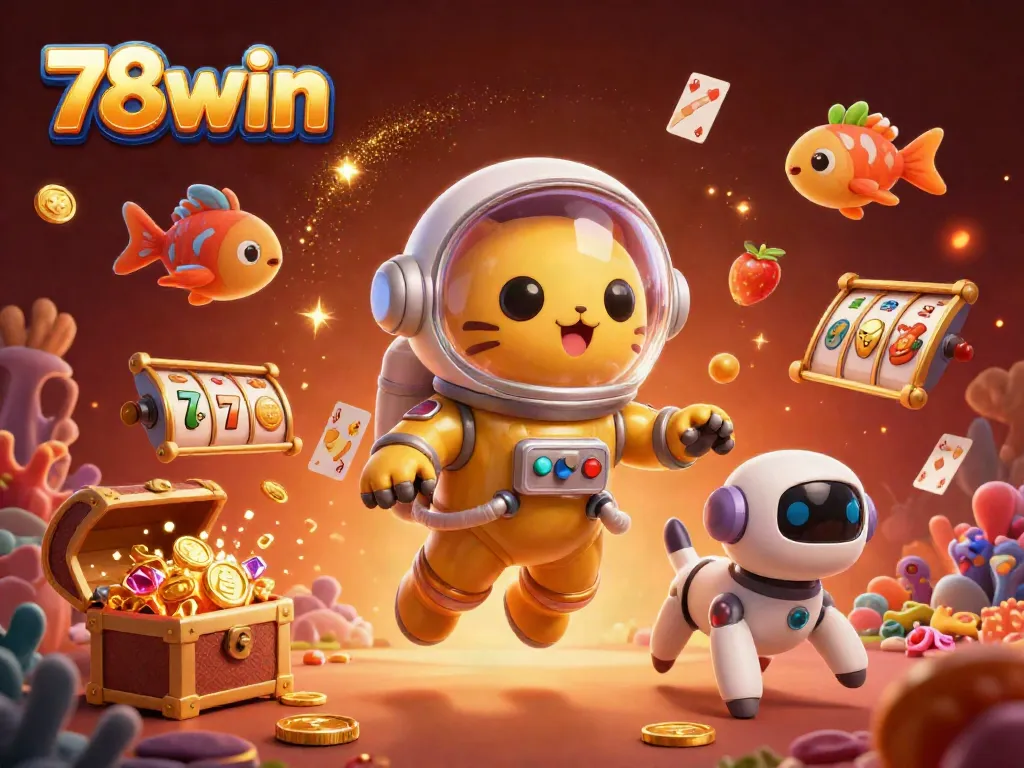 Experience the thrill of 78win with a vibrant 3D casino scene featuring an astronaut cat and treasure.