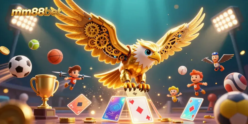 Experience the thrill of winning with mm88bet as a cybernetic eagle dives through dynamic gambling elements.