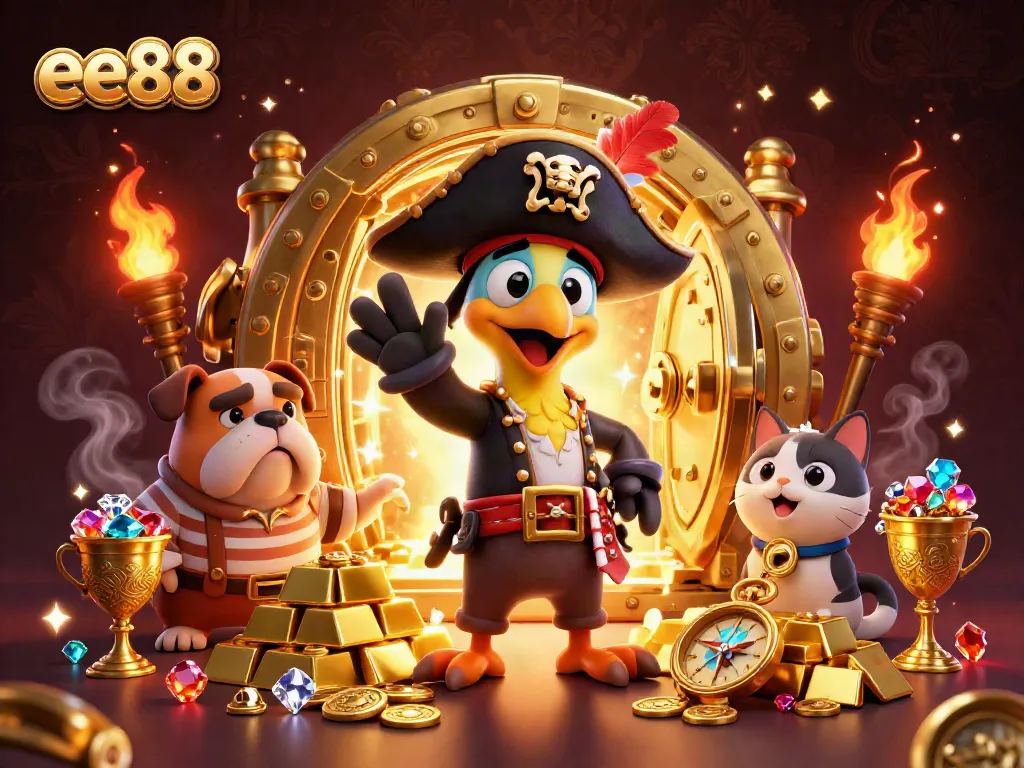 Experience thrilling moments with ee88 in this vibrant pirate-themed casino illustration.