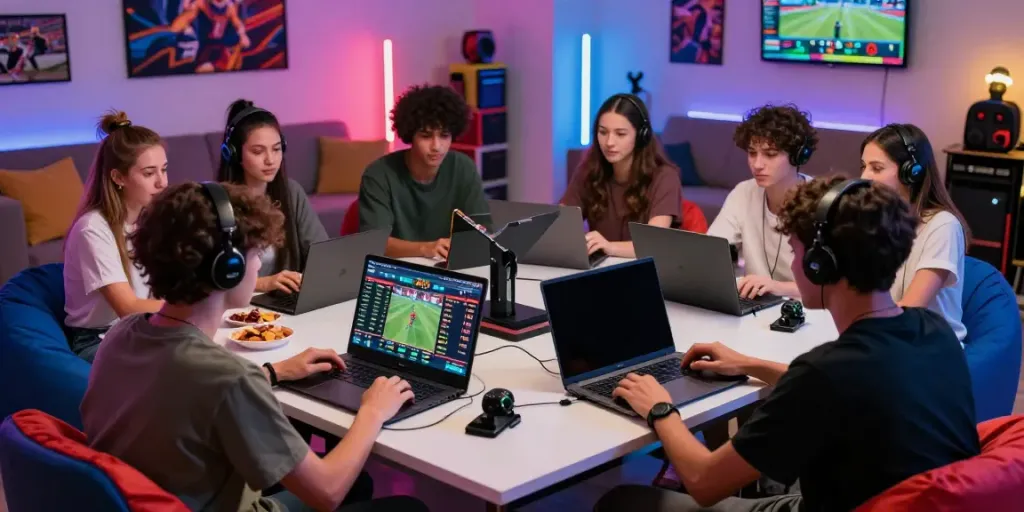 Friends enjoying online gambling experience at DA88 with betting screens and snacks.
