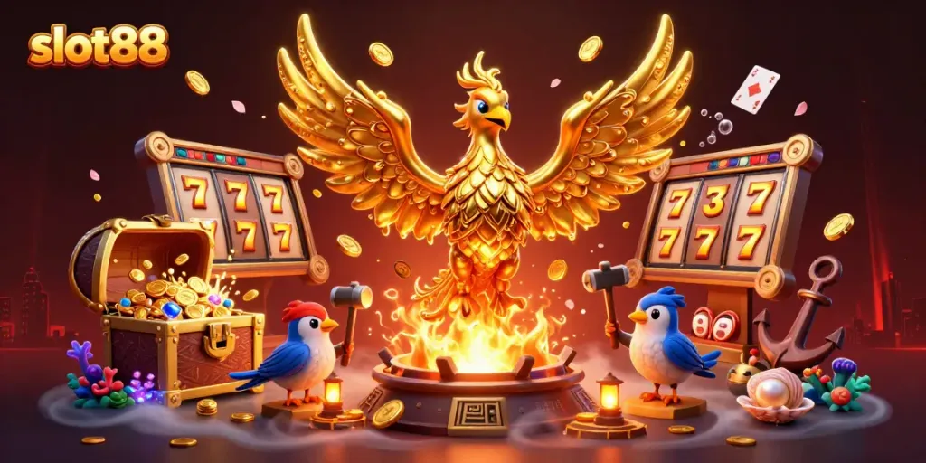 Menangkan permainan slot88 dengan phoenix emas yang menghasilkan koin, dikelilingi peralatan kasino.