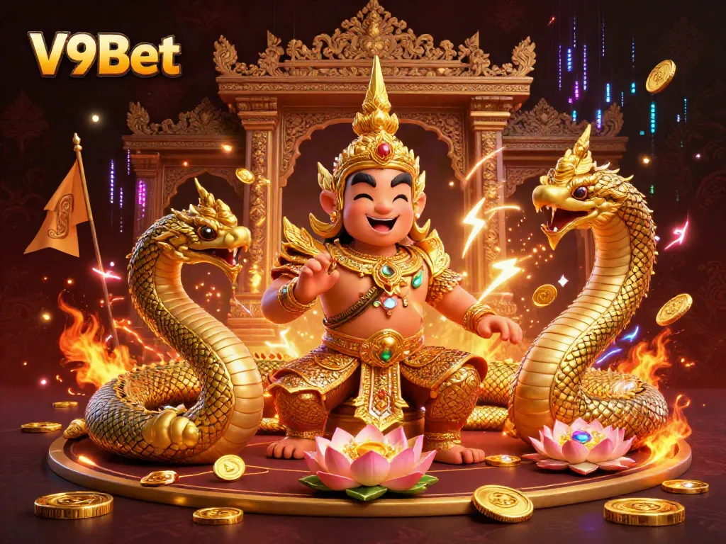 Experience thrilling gaming action with V9Bet in a vibrant, detailed temple guardian scene.