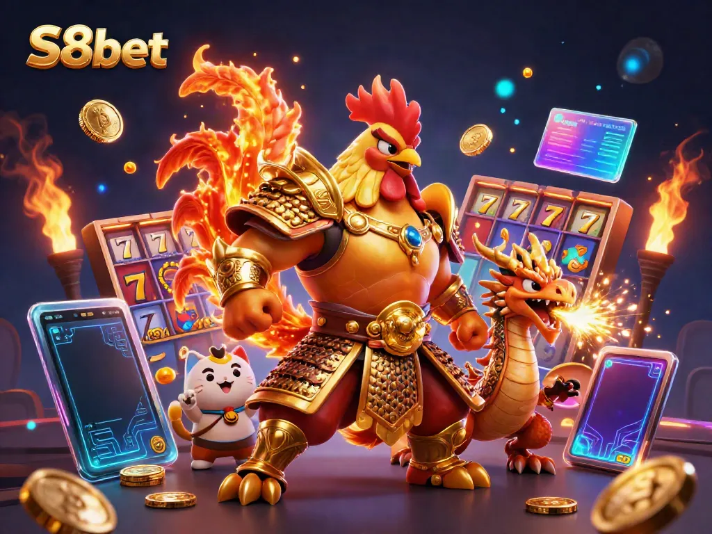 S8bet's vibrant illustration featuring a fighting rooster and dragon amidst colorful slot games and crypto elements.