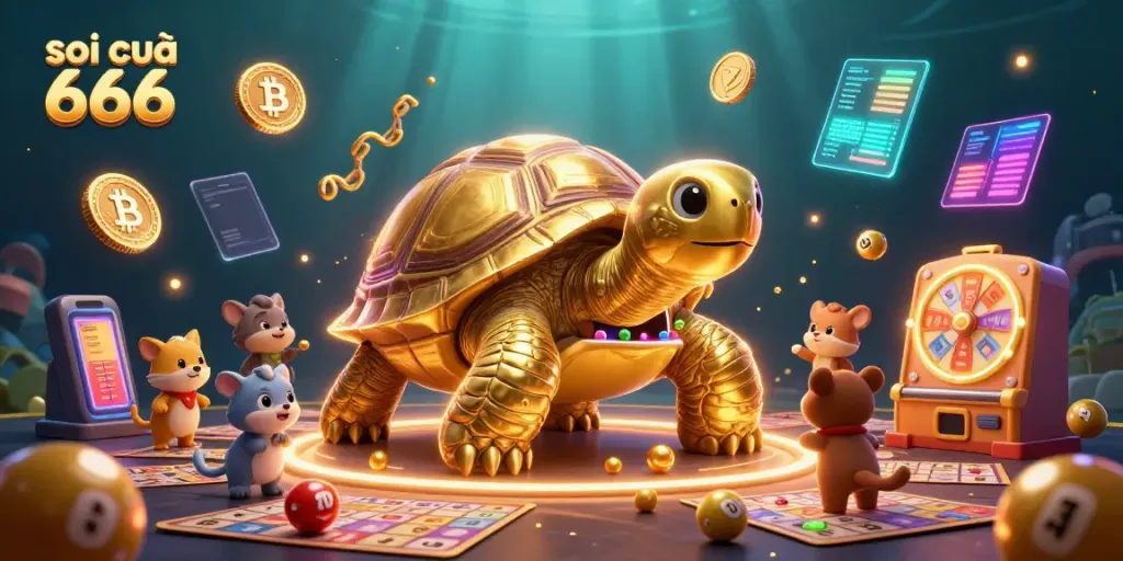 Soi cầu 666 engaging image of a golden tortoise pinball machine and lottery-themed elements in a vibrant casino scene