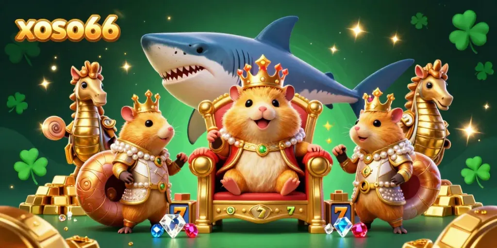 xoso66's vibrant casino throne scene features a golden hamster king and slot game elements.