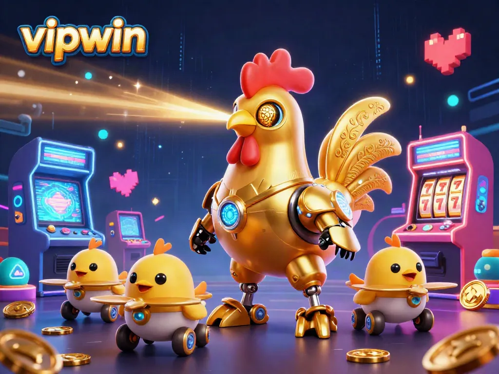 Engage with vipwin featuring a golden rooster robot and baby chick drones amidst a vibrant casino gaming scene.
