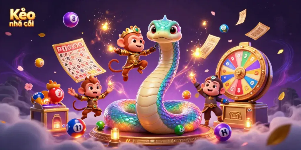 Experience Kèo nhà cái excitement with a vibrant scene of a rainbow serpent, monkey king, and dynamic lottery elements.