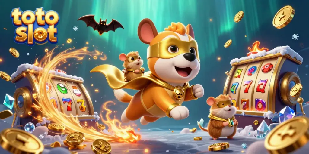 Meraih kemenangan dengan toto slot, anjing superhero terbang membawa koin emas di tengah efek atmosfer kasino.
