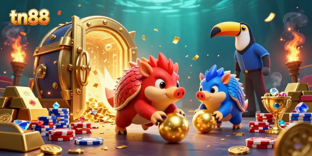 Engage in dynamic casino gameplay with tn88, as rival pangolins roll through golden chips in a vibrant 3D scene.