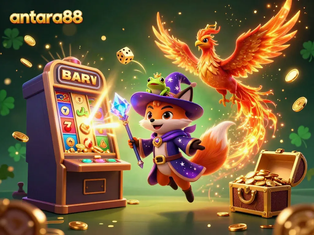 Experience the excitement of antara88 with a mystical wizard, phoenix, and thrilling casino symbols in a vibrant scene.