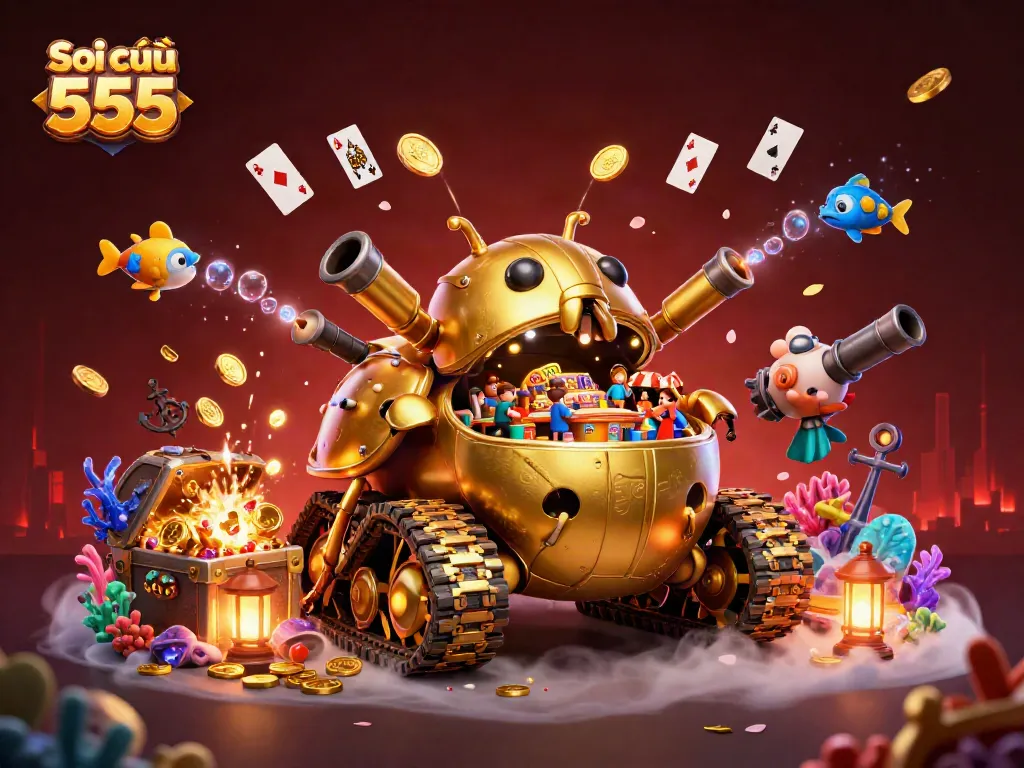 Soi cầu 555 features a vibrant golden beetle casino tank surrounded by treasures and visuals of excitement