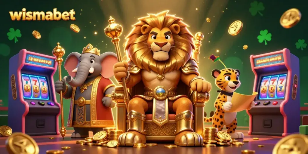 Memenangkan pengalaman bermain slot wismabet dengan karakter singa dan elemen bermain yang kaya.