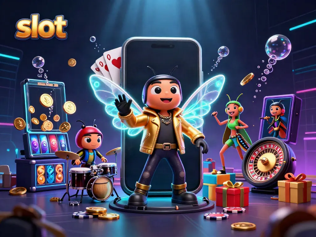 Spin vibrant slot game with 3D rock star cicada and lively beetle drummer amid golden coins and neon lights.