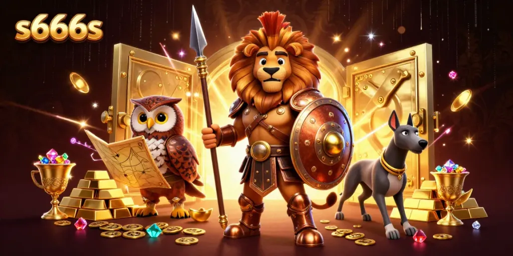 Experience the thrill of casino games with s666s, featuring 3D cartoon characters amidst treasure and excitement.