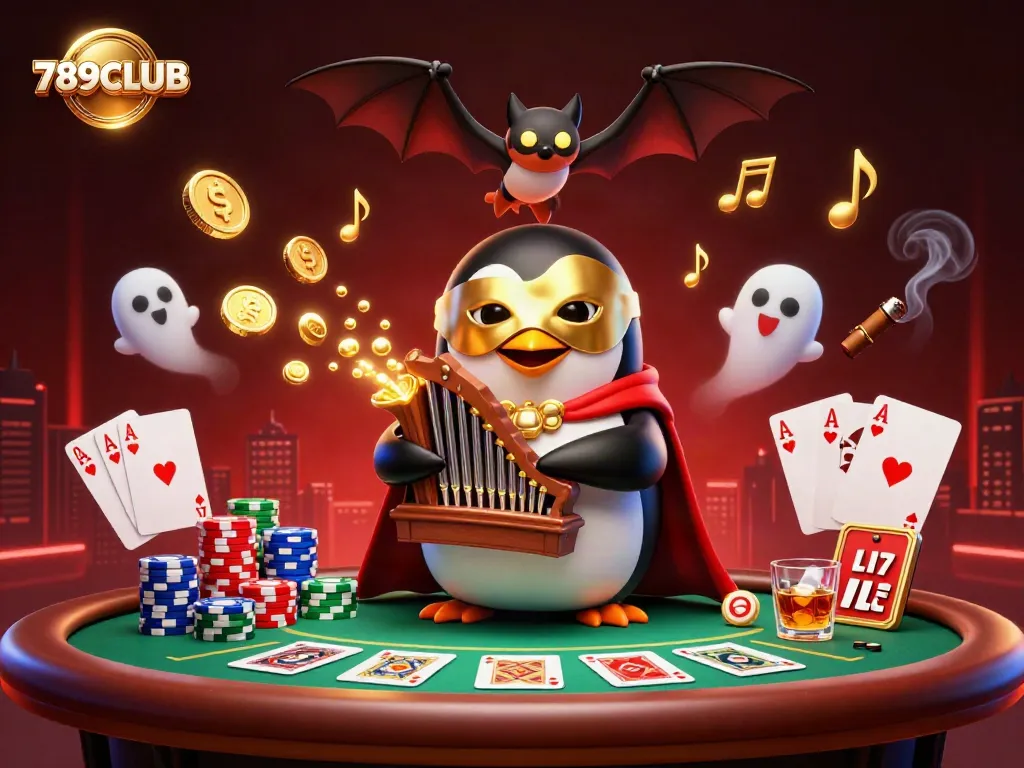 Engage with 789CLUB’s vibrant casino world as a 3D cartoon penguin plays amidst dynamic poker elements.