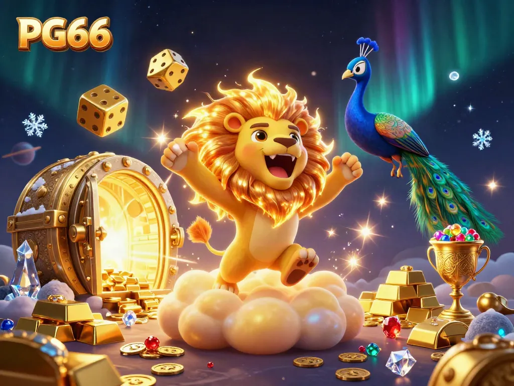 Experience the vibrant energy of PG66 through the illustrated sun lion celebrating on a treasure-filled platform.