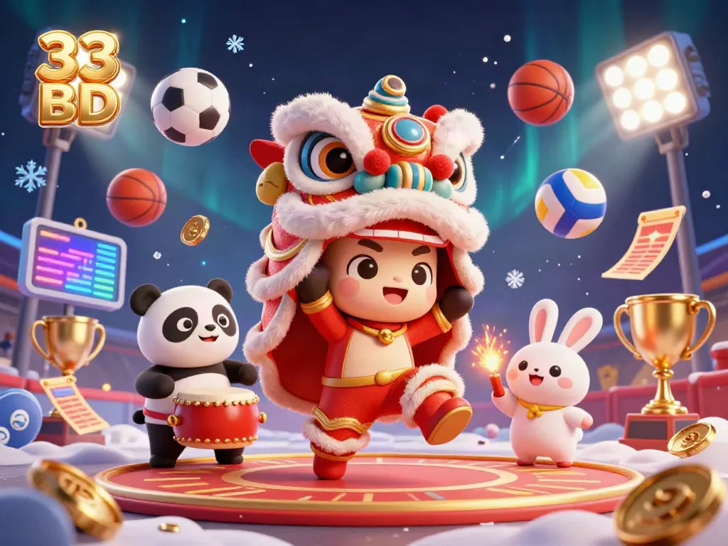 Engage in the excitement of 33 BD with a vibrant scene featuring animated characters and dynamic sports elements.