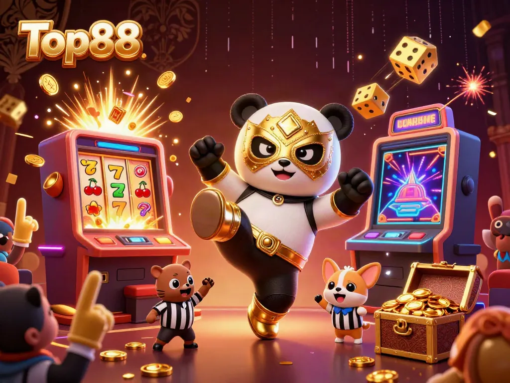 Experience the excitement of Top88 with a dynamic scene featuring a wrestler panda and casino elements.