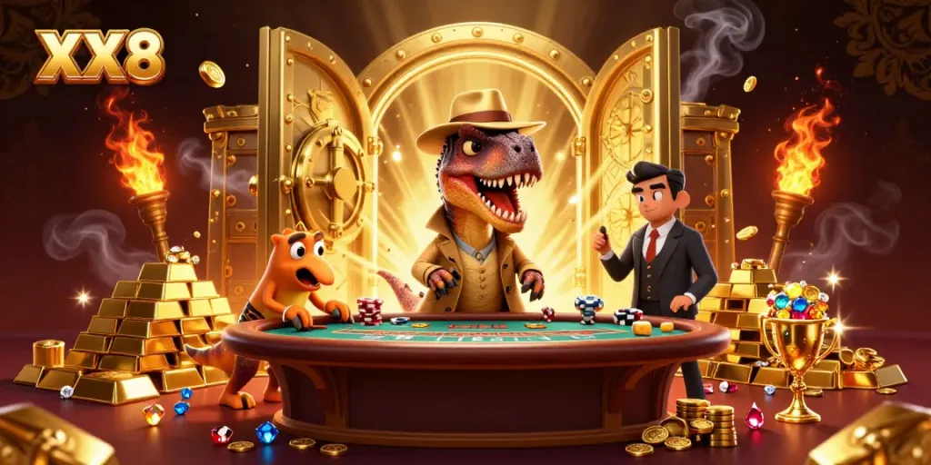 Experience thrilling gaming action at XX8's blackjack table with cartoon dinosaurs in a vibrant scene.