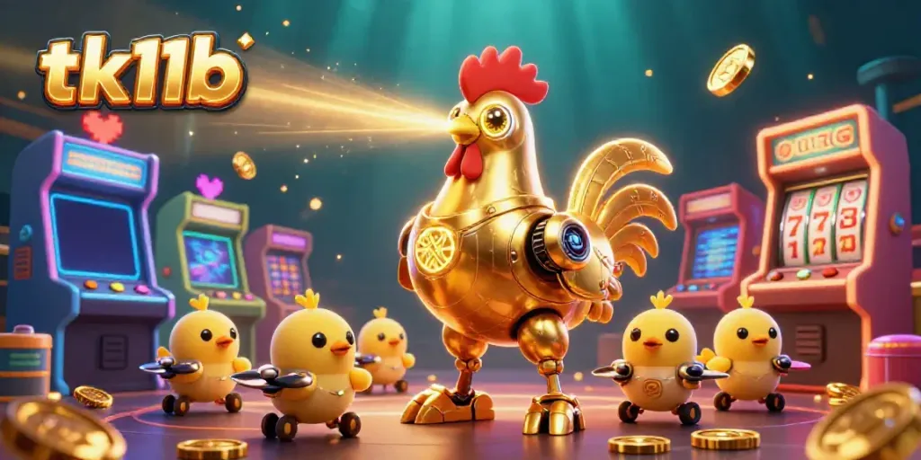 Engage with tk11b's thrilling games featuring a golden rooster robot and baby chick drones.
