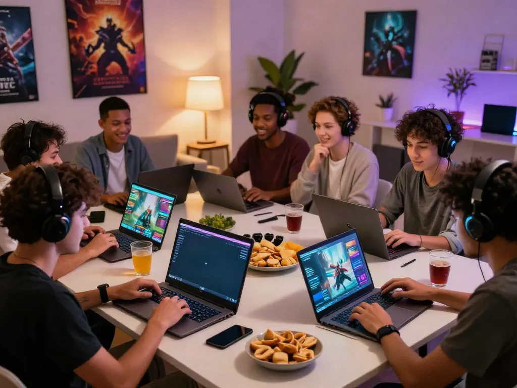 Kilat404 gaming scene with friends enjoying multiplayer games in a cozy setting.