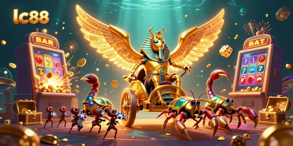 Engage with lc88's vibrant casino adventures featuring a golden beetle chariot amidst jackpot explosions.