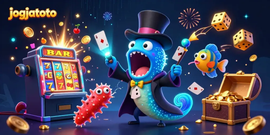 Experience excitement at jogjatoto with a vivid 3D scene featuring vibrant casino elements and magical deep-sea characters.