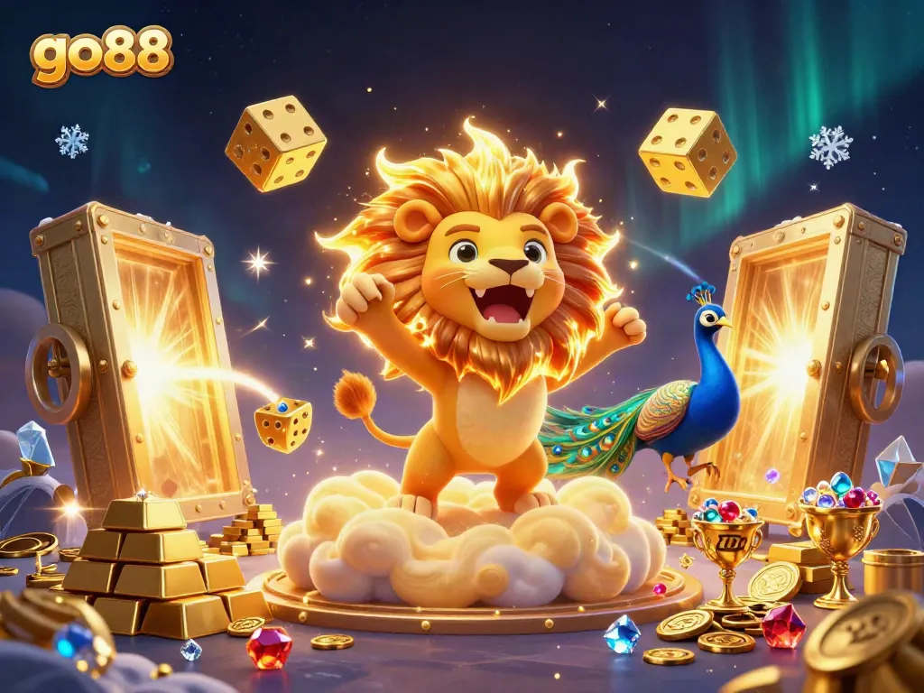 Experience excitement at go88 with a roaring lion and golden treasures in a vibrant casino scene.