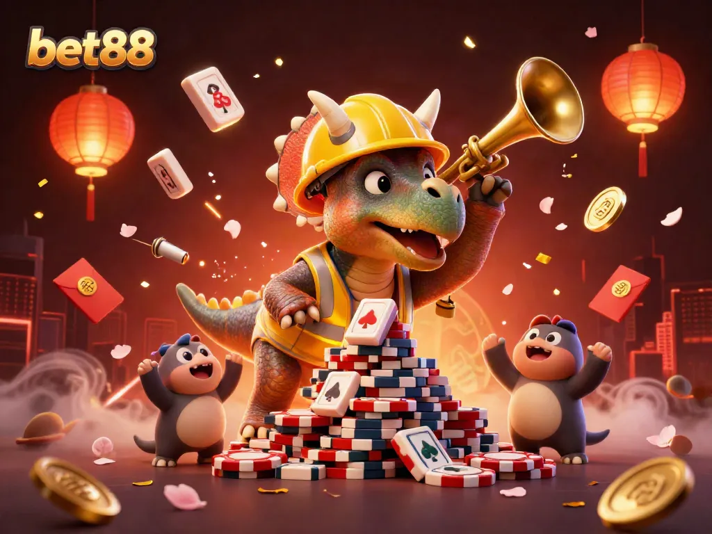 Engage with bet88's vibrant gaming atmosphere featuring a triceratops, exciting poker chips, and joyful elements.