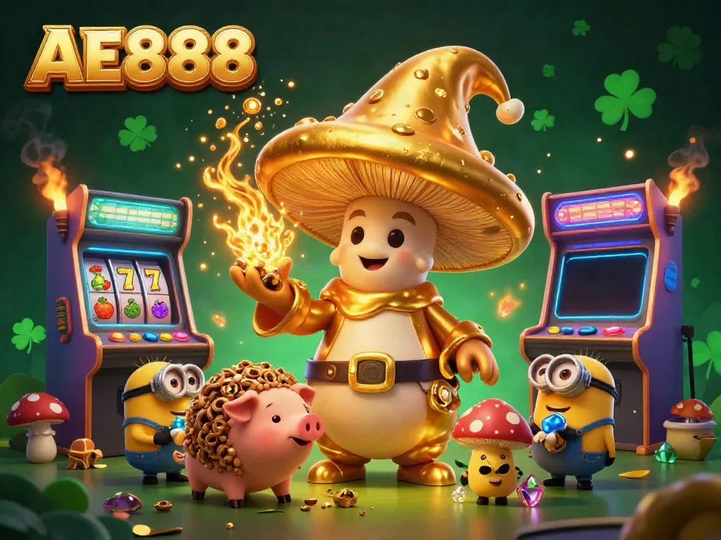 Engage with the dynamic world of AE888, featuring a golden wizard, colorful slot elements, and treasure-hunting magic.