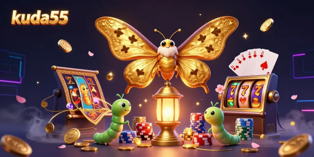 Game seru kuda55 dengan mesin slot memutar dan bunga sakura berjatuhan.