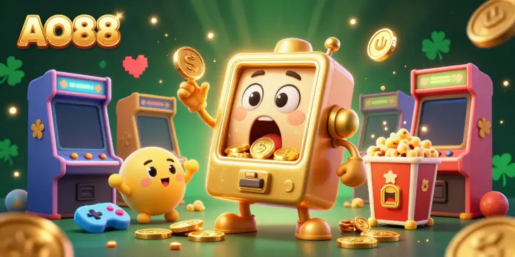 Witness the AO88 slot machine hitting a jackpot, surrounded by cheering baby slots and colorful gaming elements.