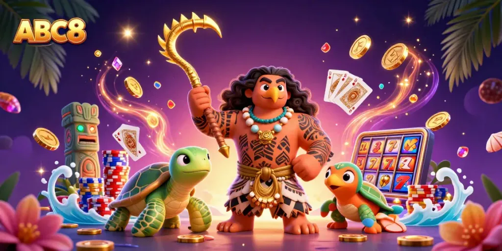 Experience ABC8's vibrant casino energy featuring a demigod and treasures in a dynamic 3D scene.