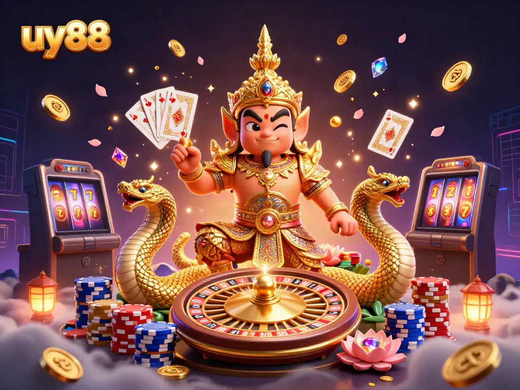 Engage in thrilling gameplay with uy88's vibrant casino scene filled with animated characters and exciting game elements.
