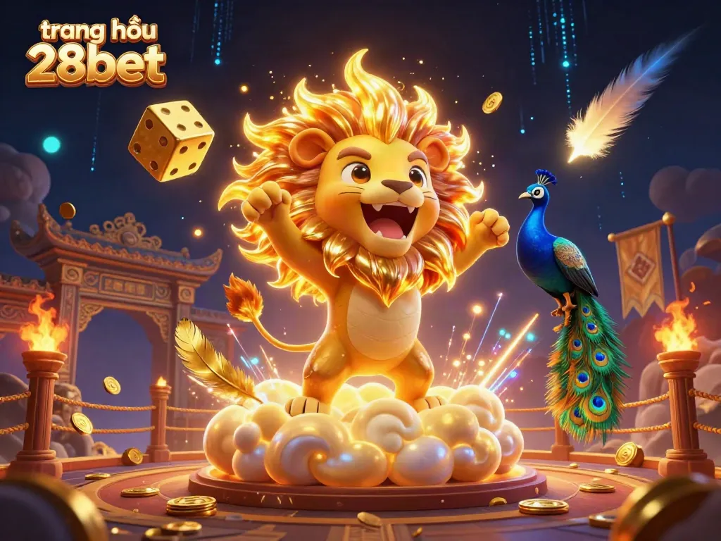 Win exciting prizes on the trang chủ 28bet with a dazzling 3D casino illustration featuring a roaring lion and golden dice.