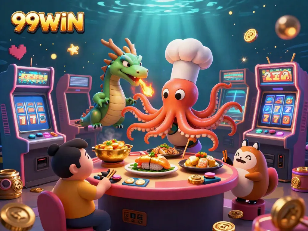 Experience vibrant gameplay at 99WIN with a colorful casino scene featuring unique characters and engaging game elements.