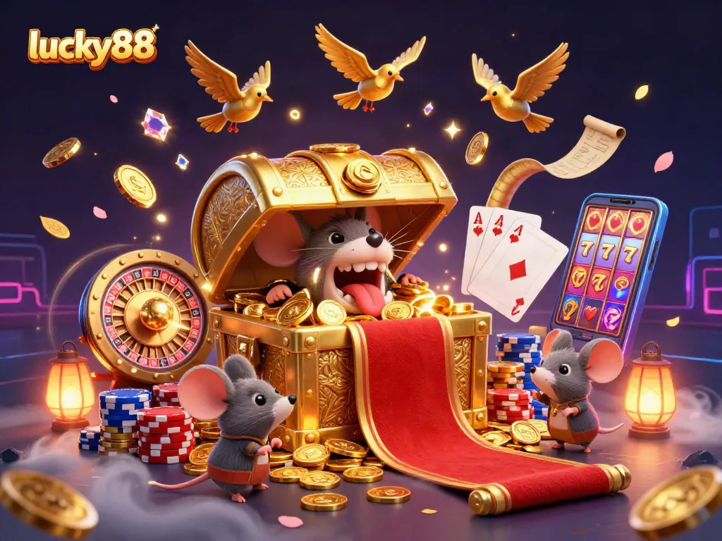 Experience the excitement of lucky88 with a treasure chest mimic enticing adventurer mice amidst a vibrant casino scene filled with gold and gaming elements.