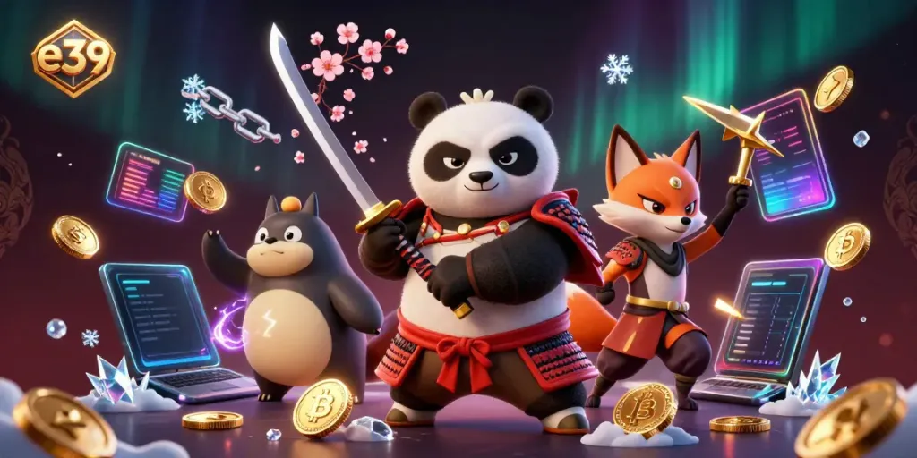 Experience thrilling gameplay at E39 with a fierce panda samurai and ninja fox, showcasing vibrant casino elements.