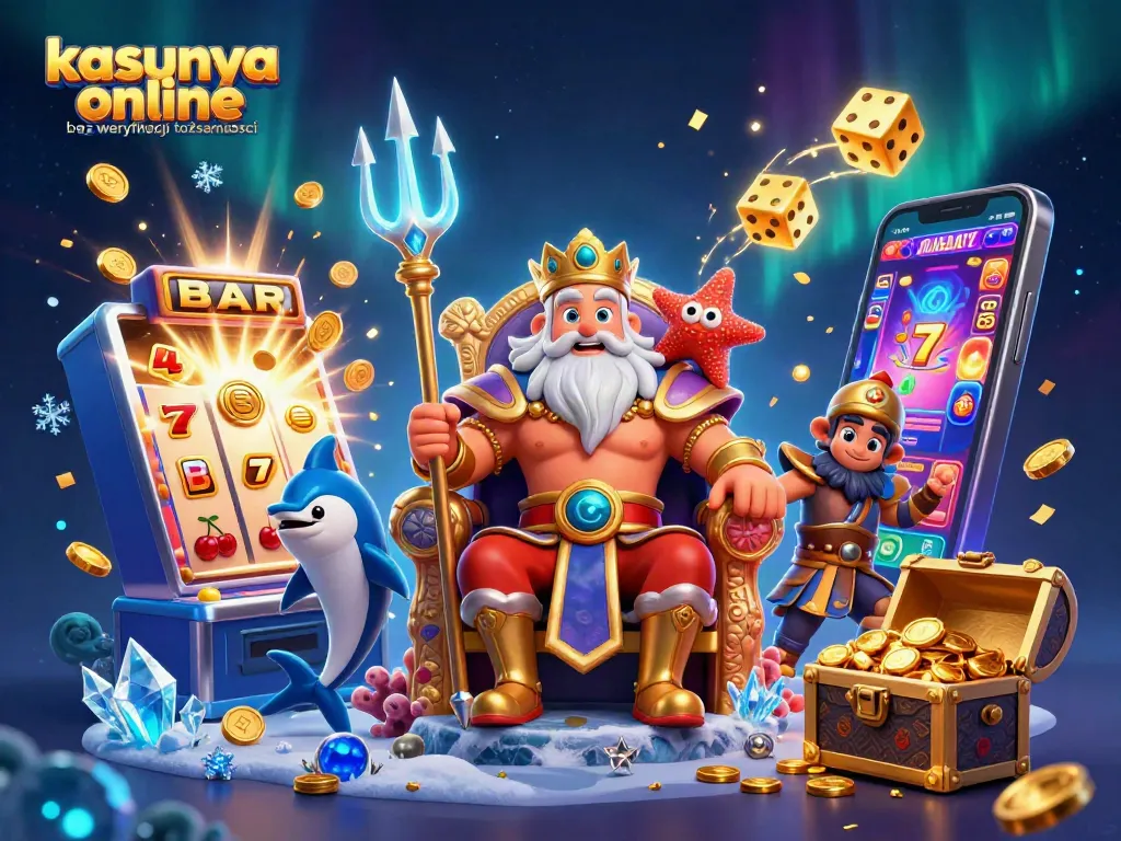 Engage in kasyna online bez weryfikacji tożsamości, featuring a lively scene with casino games, characters, and colorful bonuses.
