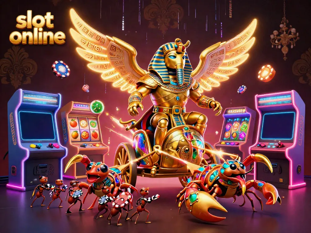 Experience thrilling gameplay with slot online as a golden scarab beetle leads the charge in a vibrant 3D casino scene.