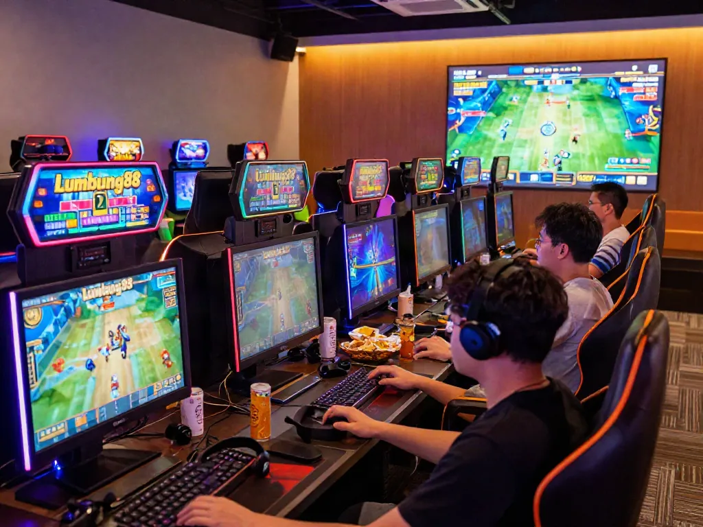 Lumbung88 online gaming community with players enjoying vibrant slot machines and snacks in a modern lounge atmosphere.