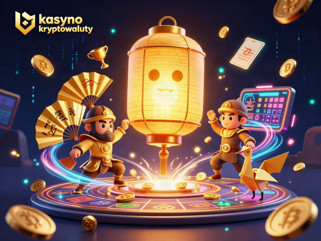 Kasyno kryptowaluty scene with dynamic crypto elements, featuring golden coins and vibrant characters.