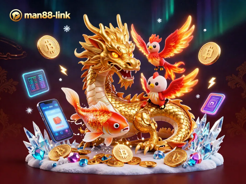 Play exciting games at man88-link with a dragon, phoenix, and koi fish amidst crypto coins.