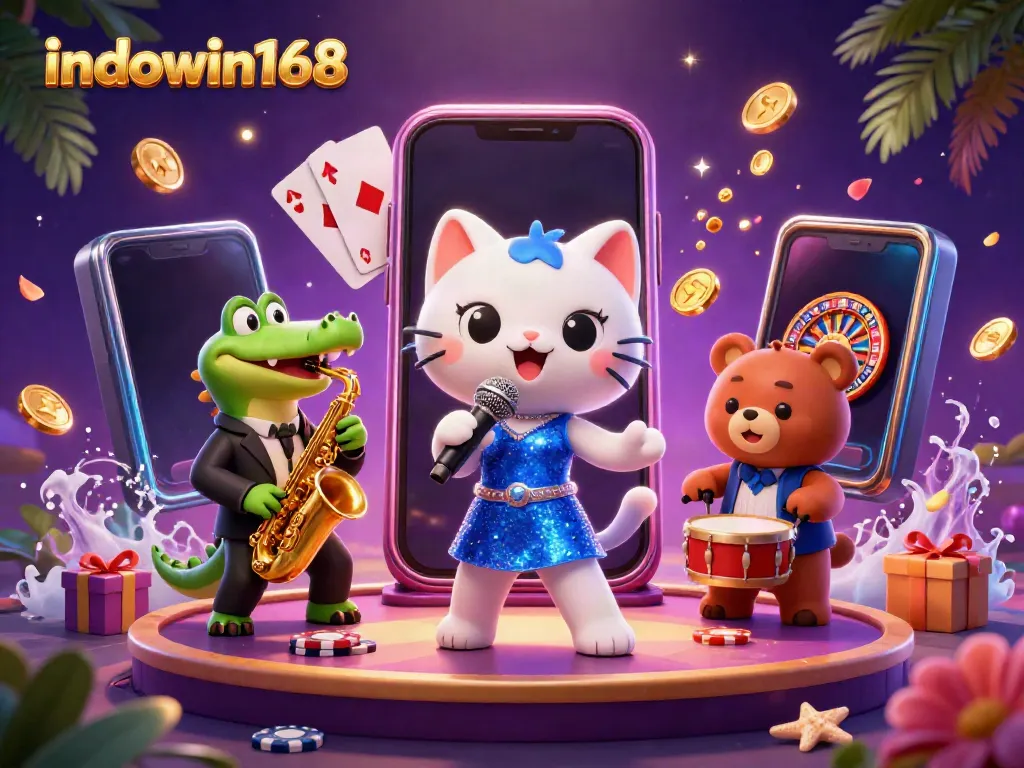 Indowin168 menghadirkan permainan slot yang menarik dengan kucing penyanyi jazz, buaya, dan beruang dalam ilustrasi kasino.