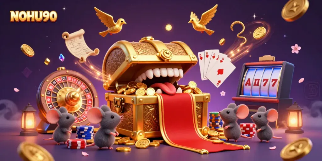 Experience the enchanting world of NOHU90 as adventurer mice indulge in riches amidst cascading coins and treasures.