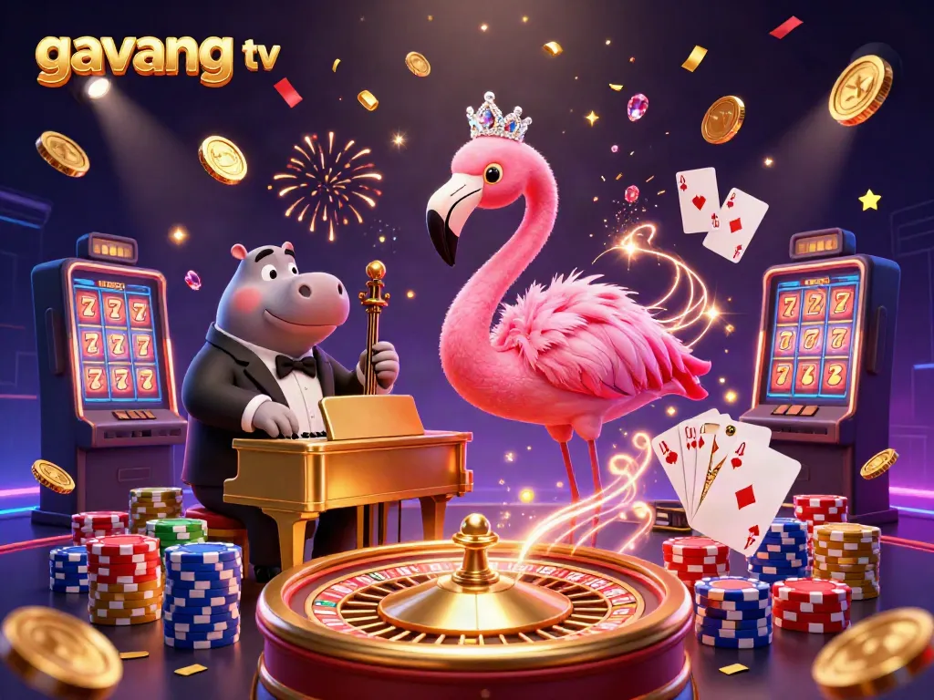 Experience the vibrant atmosphere of Gavang TV with animated casino characters, sparkling gems, and golden coins.