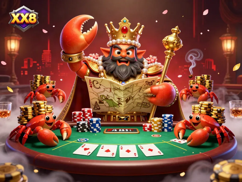 Engage with the “XX8” experience featuring a golden crab emperor amidst a vibrant poker scene with fortune elements.