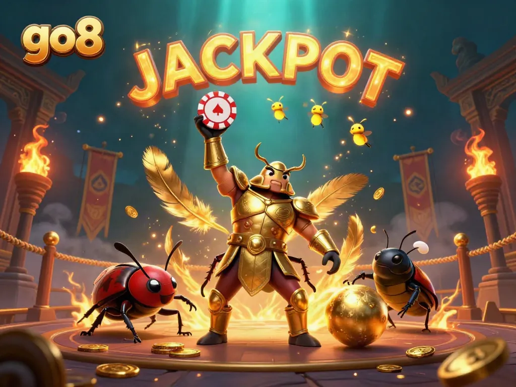 Experience the thrill of winning at go8 with a heroic beetle in a dynamic casino scene filled with golden elements.