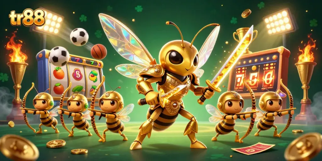 Engage in thrilling gameplay with tr88 as a golden hornet unleashes fortune in a dynamic casino scene.